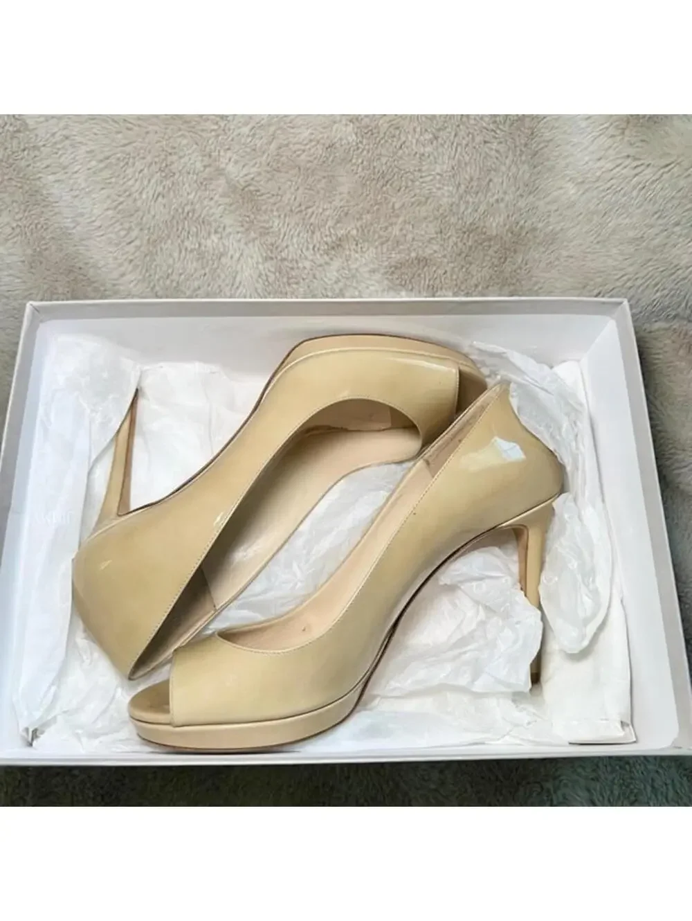 Jimmy Choo Luna 100 Peep Toe Patent Beige Pump Heel 40.5 Excellent
